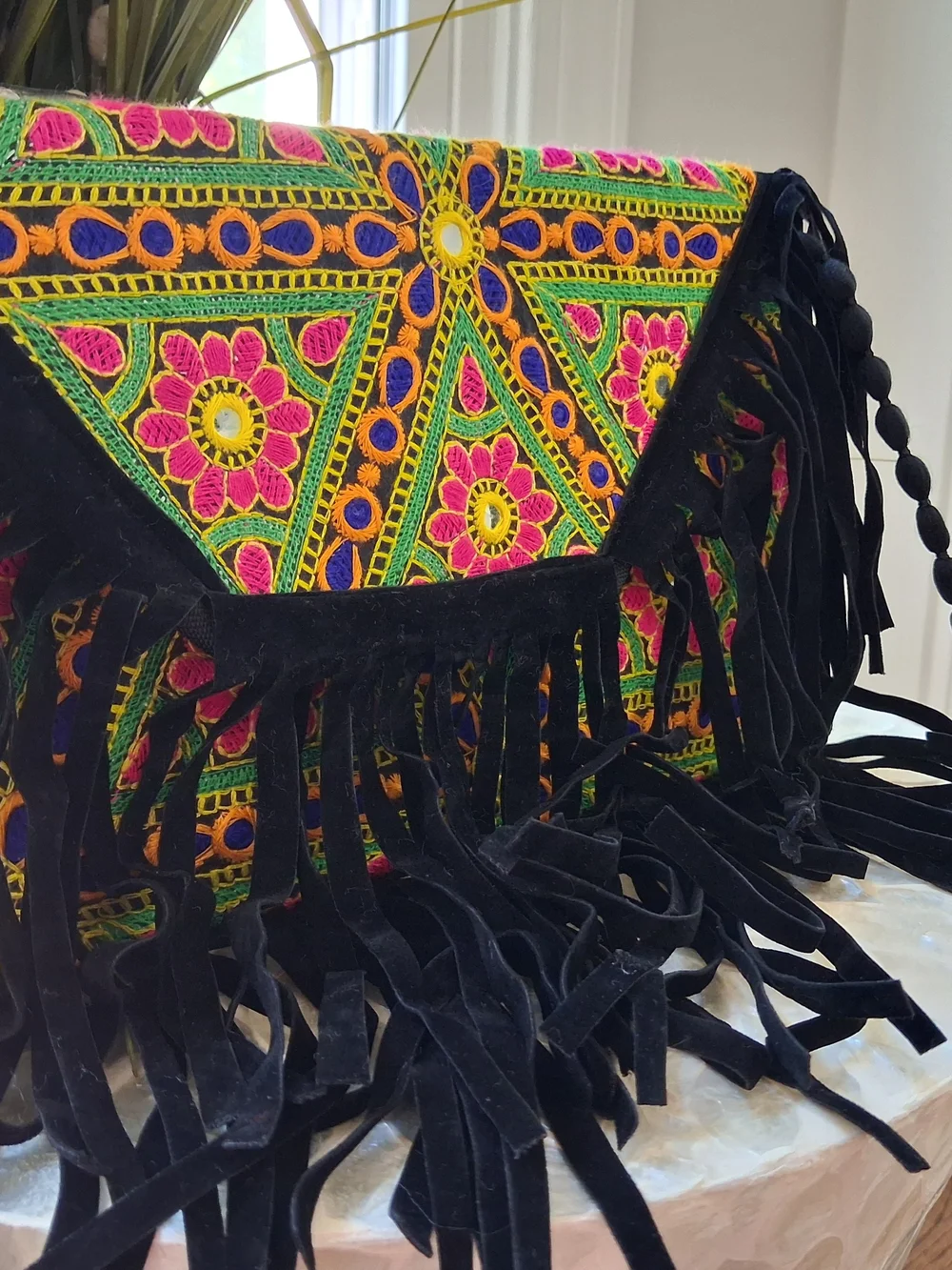 Embroidered Fringe Crossbody Bag - Black & Multicolor - Picture 2 of 8